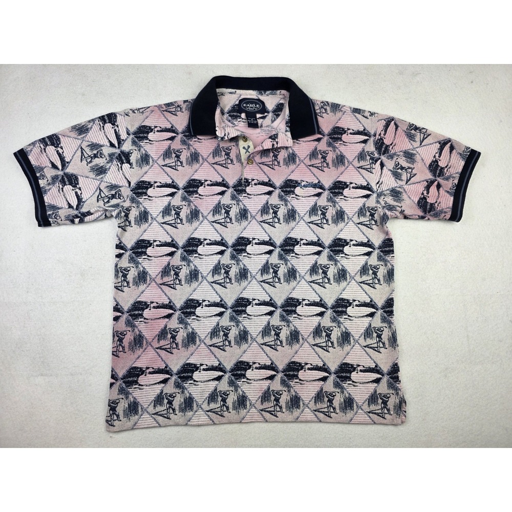 Vintage 90s All Over Print AOP Golf Polo Eagle‎ Golf M Mens Casual Preppy *READ*